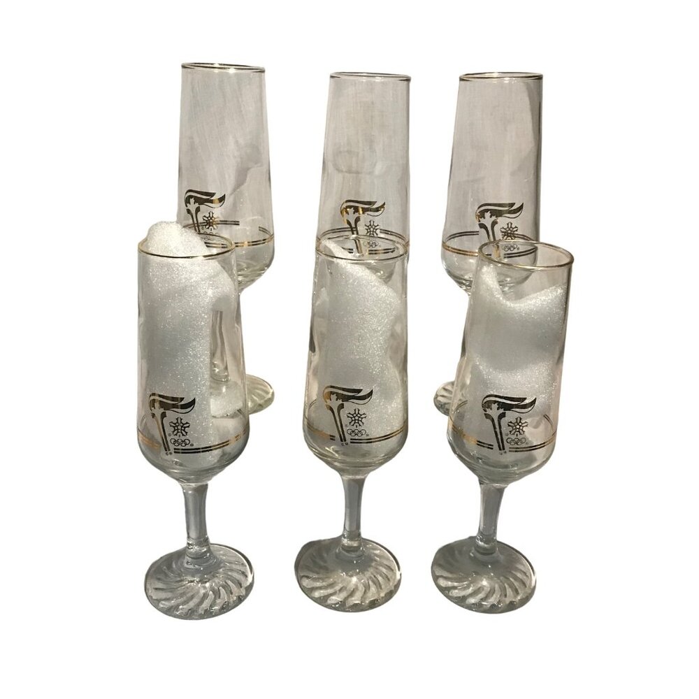 Set Of 6 Vintage 1988 Calgary Alberta Canada Winter Olympics Champagne Flutes